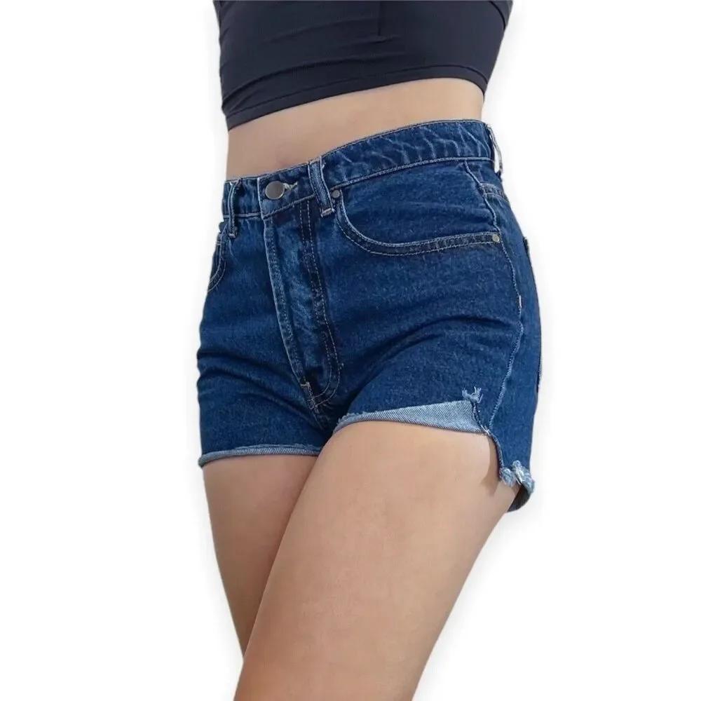 MUSIER Paris Jeans Shorts Womens 2 Blue High Rise Button fly Raw Hem Janet Denim